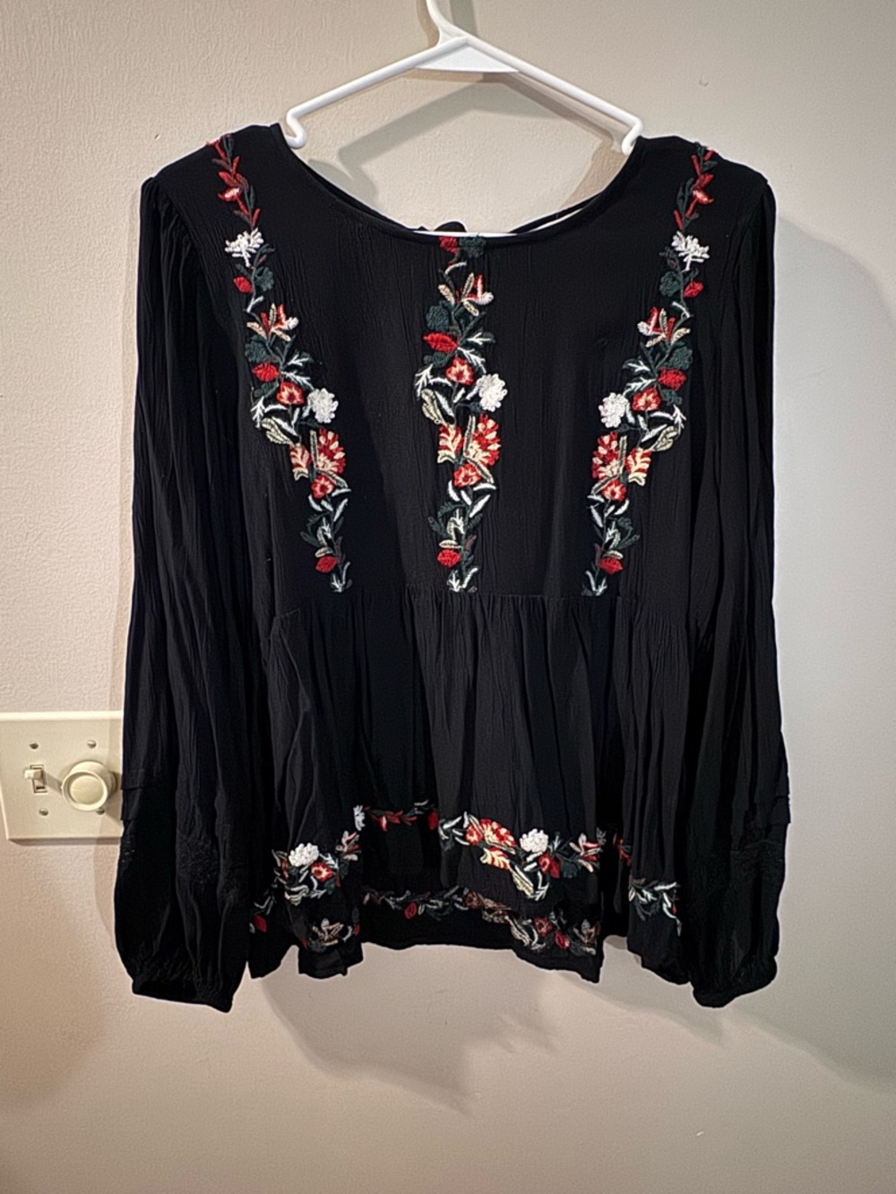 Women's Black Floral Embroidered Peasant Top